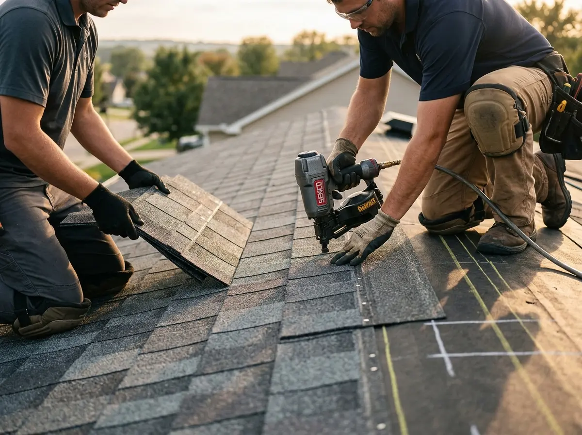 Professional roofer working on a residential roof in New Braunfels